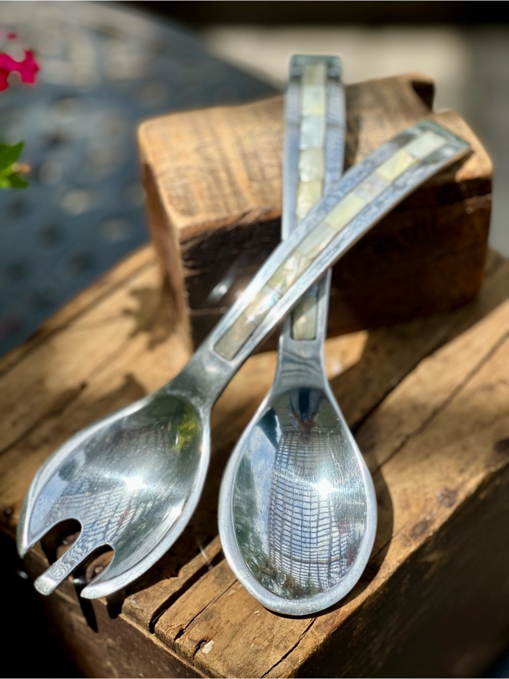 Mother of Pearl Inlay Salad Serving Set Aluminum Vintage 2 Pc